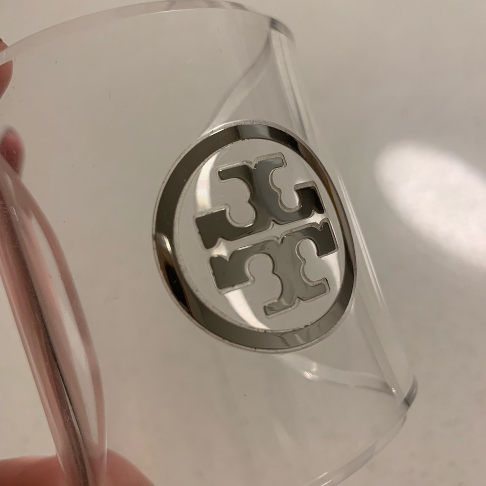 Tory Burch Clear Silver Logo Cuff Bracelet